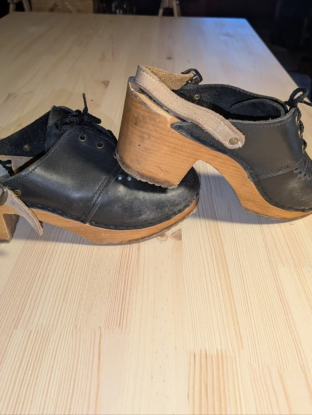 Vtg Sven Swedish Clogs Black Leather Wooden Lace Slingback Clogs Shoes 38 7.5